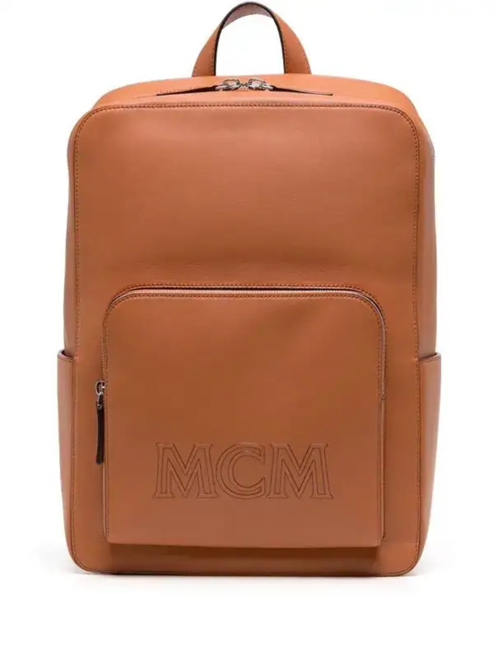 MCM Aren Cognac Leather Backpack with Front Logo Pocket